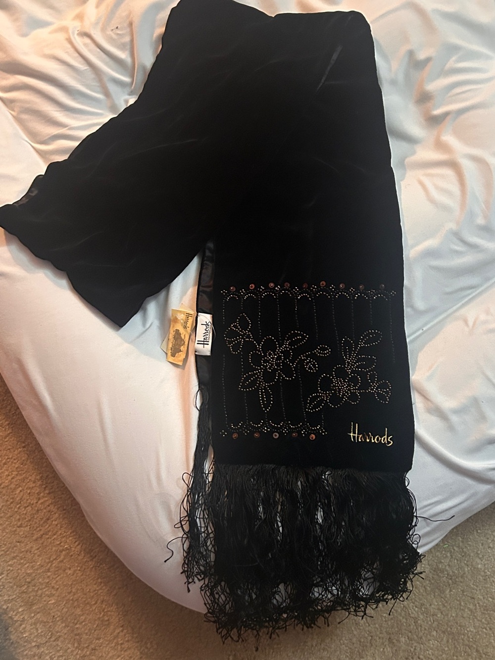 NWT Vintage Harrods Long Black Sparkly Embroidered Velvet Wrap Stole Scarf